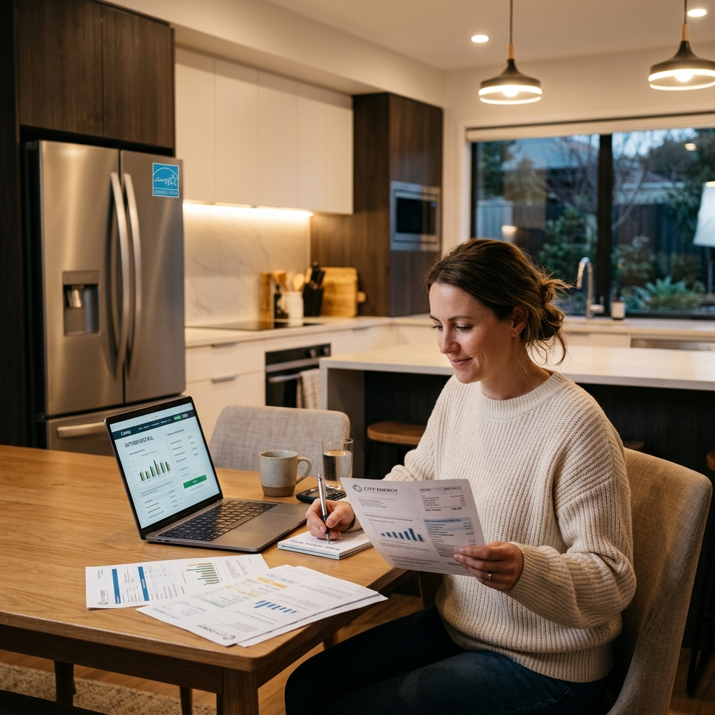 Person reviewing energy bills with energy-efficient appliances